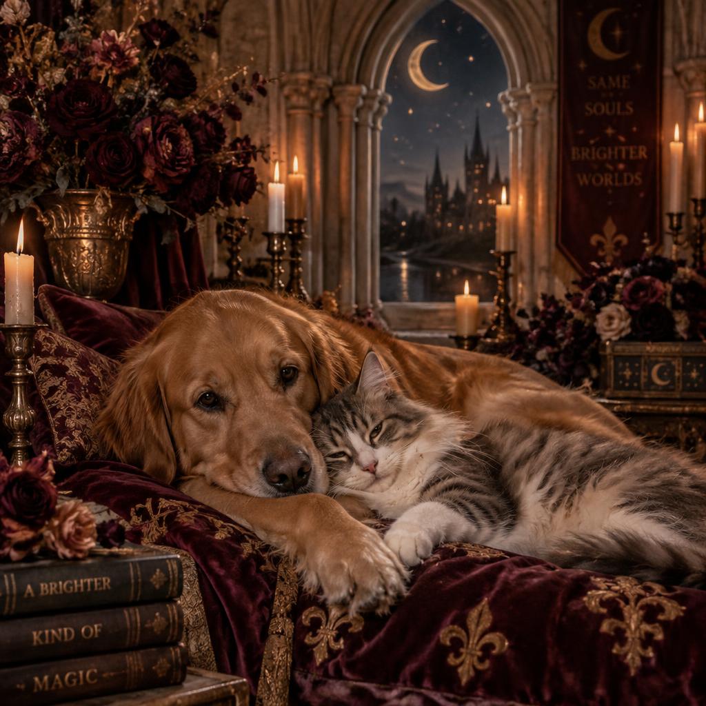 A dog and cat resting peacefully together